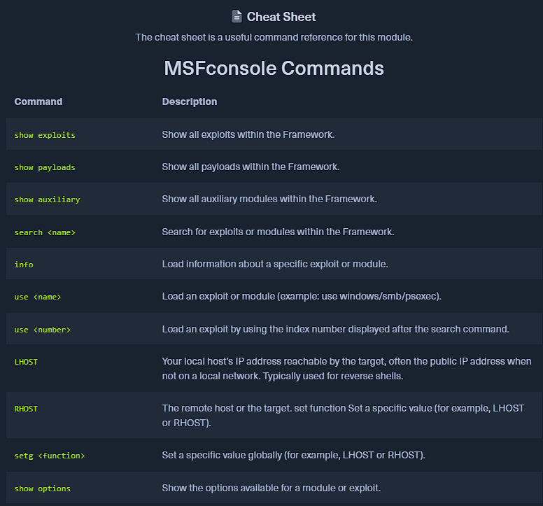 metasploit console commands cheatsheet